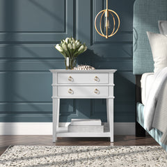 Nightstand, 2 Drawers, Solid and Engineered Wood, White, Gold Ring Pulls