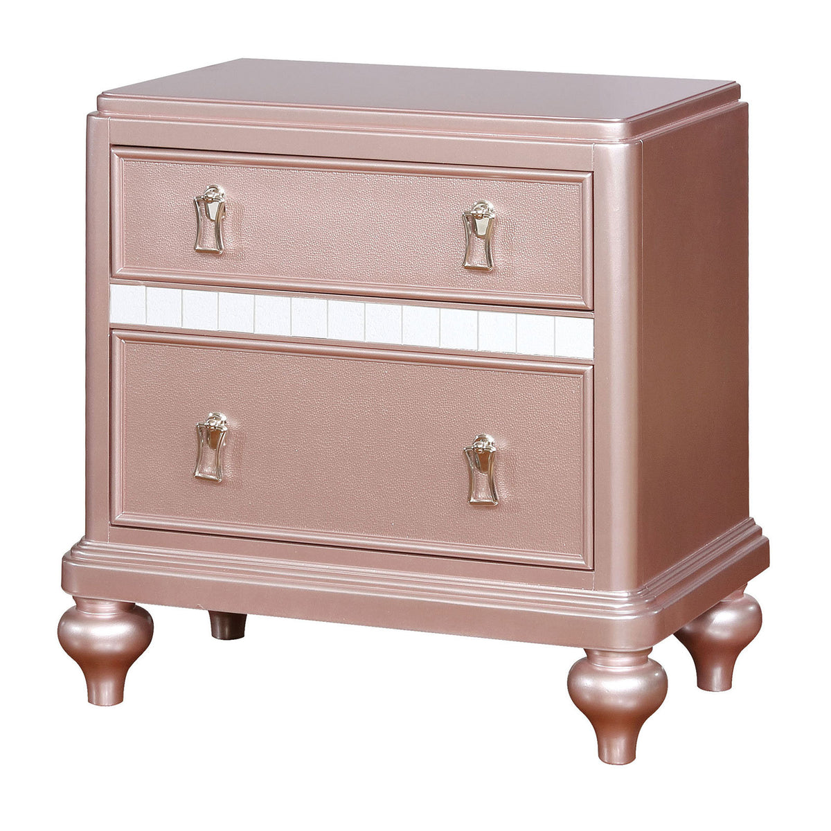 Nightstand, 2 Drawers, Solid and Manufactured Wood, Mirror Trim, Rose Pink