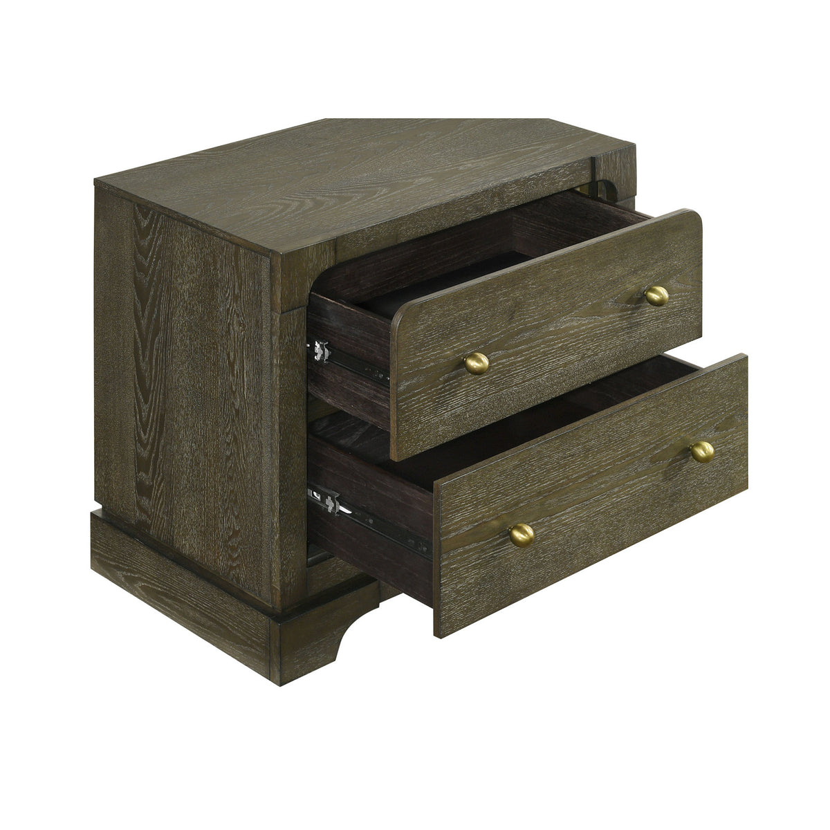 Nightstand, 2 Drawers, Solid Hardwood and Ash Veneer, Dark Cocoa, Brass Knobs