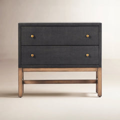 Nightstand, 2 Drawers, Solid Mahogany, Black Raffia Finish