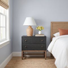 Nightstand, 2 Drawers, Solid Mahogany, Black Raffia Finish