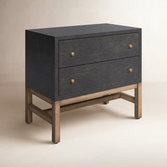 Nightstand, 2 Drawers, Solid Mahogany, Black Raffia Finish