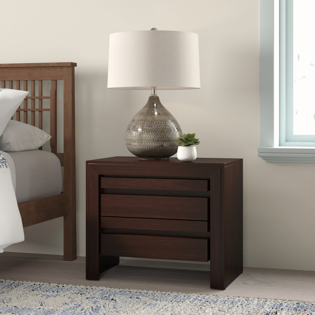 Nightstand, 2 Drawers, Solid Mahogany Wood, Brown