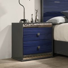 Nightstand, 2 Drawers, Solid Wood Frame, Blue and Gray, Chrome Molding