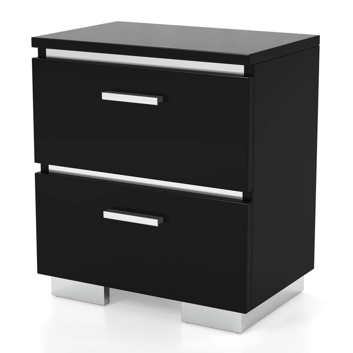 Nightstand, 2 Drawers, Solid Wood Frame, Built-In USB Port, Black