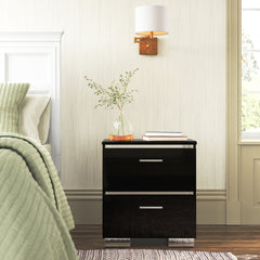 Nightstand, 2 Drawers, Solid Wood Frame, Built-In USB Port, Black