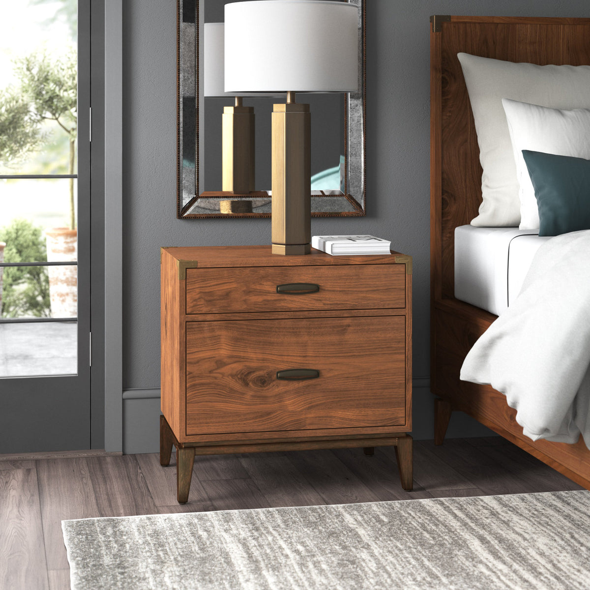 Nightstand, 2 Drawers, Solid Wood Top, MDF Frame, Brown
