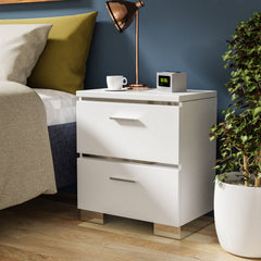 Nightstand, 2 Drawers, Solid Wood, USB Outlet, White Gloss