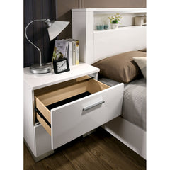 Nightstand, 2 Drawers, Solid Wood, USB Outlet, White Gloss