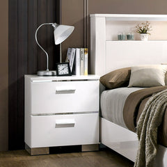 Nightstand, 2 Drawers, Solid Wood, USB Outlet, White Gloss