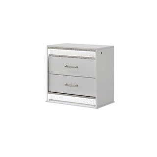 Nightstand, 2 Drawers, White Lacquer Finish, Wood Frame, LED Lighting