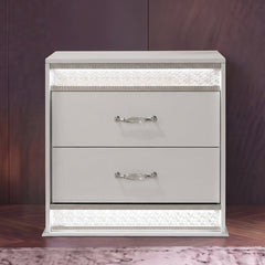 Nightstand, 2 Drawers, White Lacquer Finish, Wood Frame, LED Lighting