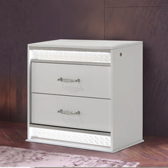 Nightstand, 2 Drawers, White Lacquer Finish, Wood Frame, LED Lighting