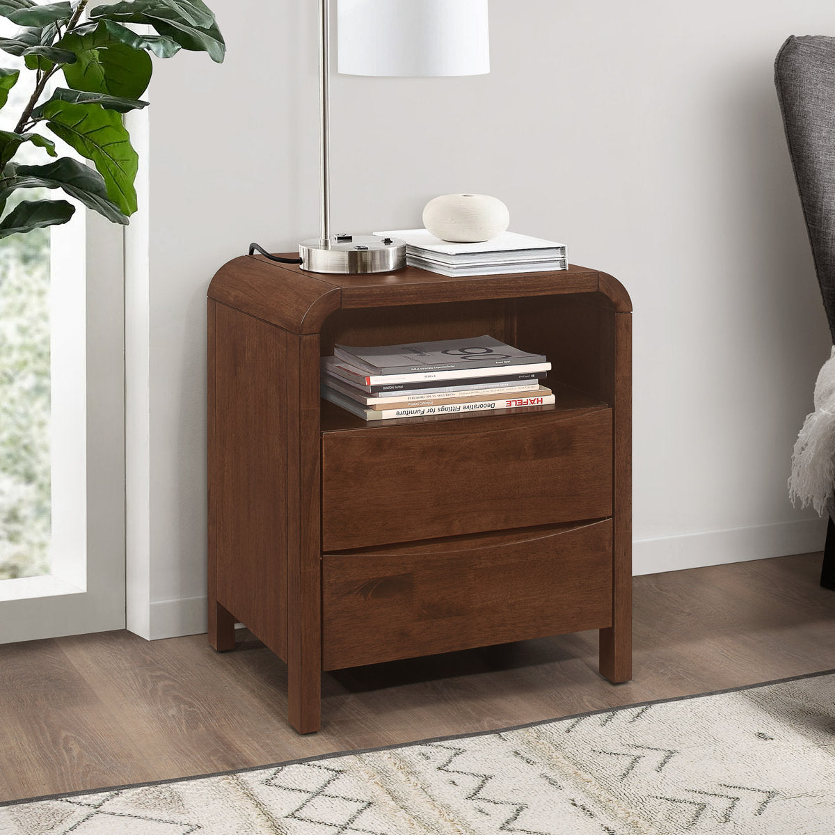 Nightstand, 2 Soft-Close Drawers and Open Shelf, Walnut Solid Wood