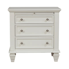Nightstand, 3-Drawer, MDF and Solid Wood, White, Brushed Nickel Knobs