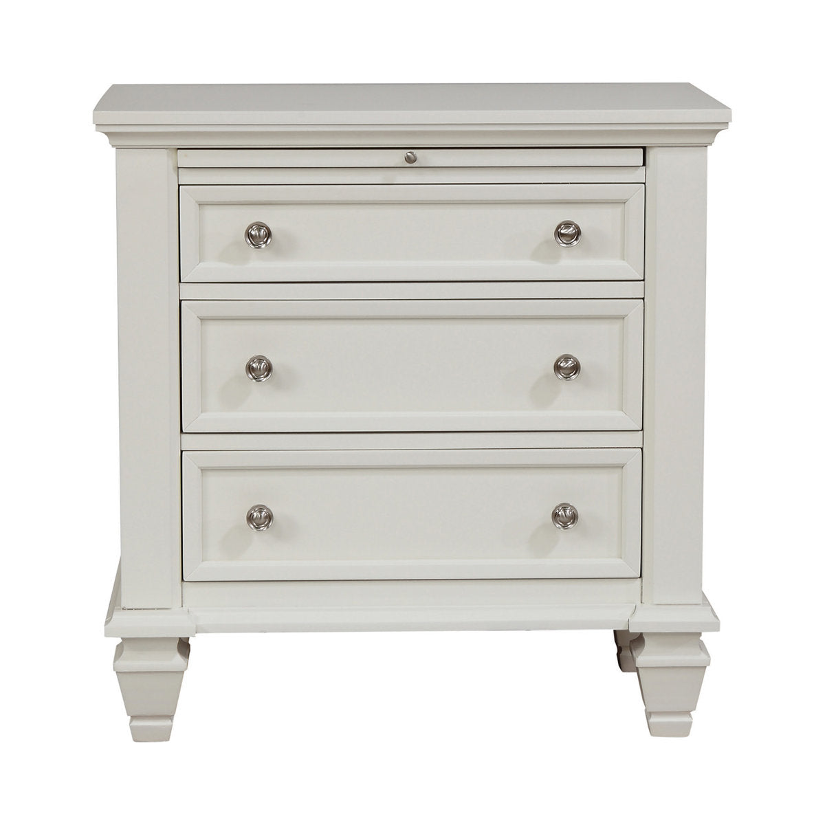Nightstand, 3-Drawer, MDF and Solid Wood, White, Brushed Nickel Knobs