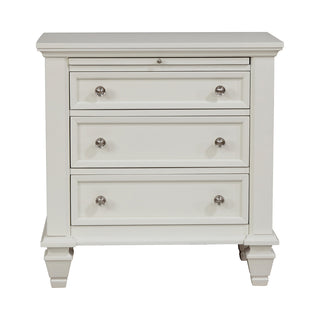Nightstand, 3-Drawer, MDF and Solid Wood, White, Brushed Nickel Knobs