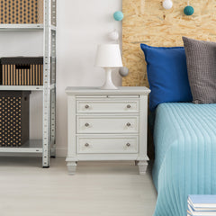 Nightstand, 3-Drawer, MDF and Solid Wood, White, Brushed Nickel Knobs