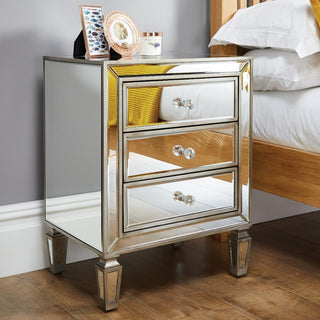 Nightstand, 3-Drawer, Mirrored Glass Top, MDF Frame, Silver Handles