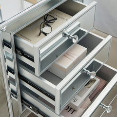 Nightstand, 3-Drawer, Mirrored Glass Top, MDF Frame, Silver Handles