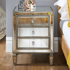 Nightstand, 3-Drawer, Mirrored Glass Top, MDF Frame, Silver Handles
