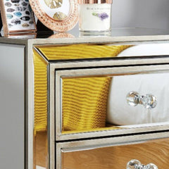 Nightstand, 3-Drawer, Mirrored Glass Top, MDF Frame, Silver Handles