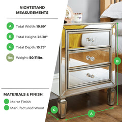Nightstand, 3-Drawer, Mirrored Glass Top, MDF Frame, Silver Handles