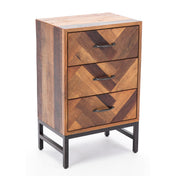 Nightstand, 3-Drawer Oak Wood, Brown and Black, Black Metal Base