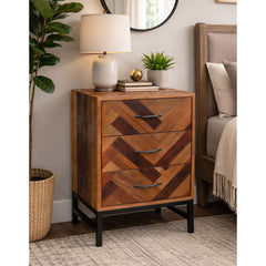 Nightstand, 3-Drawer Oak Wood, Brown and Black, Black Metal Base