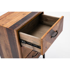 Nightstand, 3-Drawer Oak Wood, Brown and Black, Black Metal Base