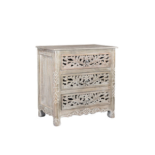 Nightstand, 3-Drawer Solid Mango Wood, Limestone Beige