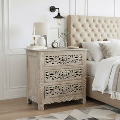 Nightstand, 3-Drawer Solid Mango Wood, Limestone Beige
