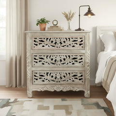 Nightstand, 3-Drawer Solid Mango Wood, Limestone Beige