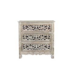Nightstand, 3-Drawer Solid Mango Wood, Limestone Beige