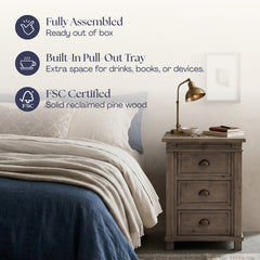 Nightstand, 3-Drawer Solid Pine Wood, Brass Handles, Brown