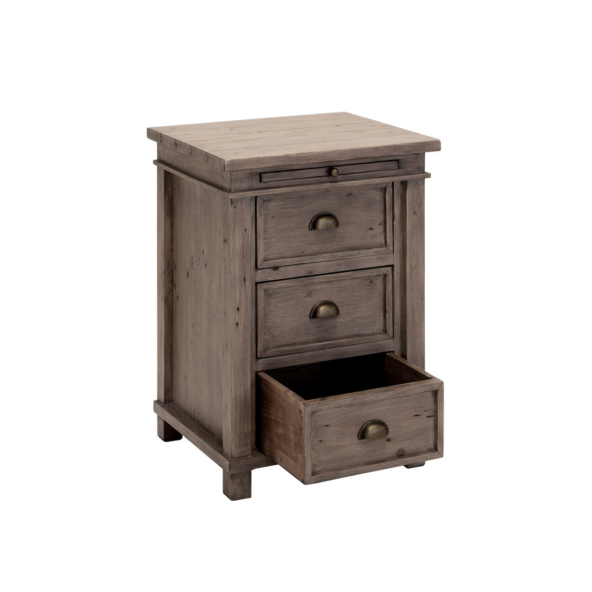 Nightstand, 3-Drawer Solid Pine Wood, Brass Handles, Brown