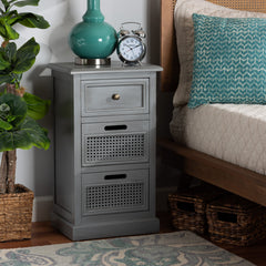 Nightstand, 3-Drawer Solid Wood, Gray Finish, Antique Brass Knob