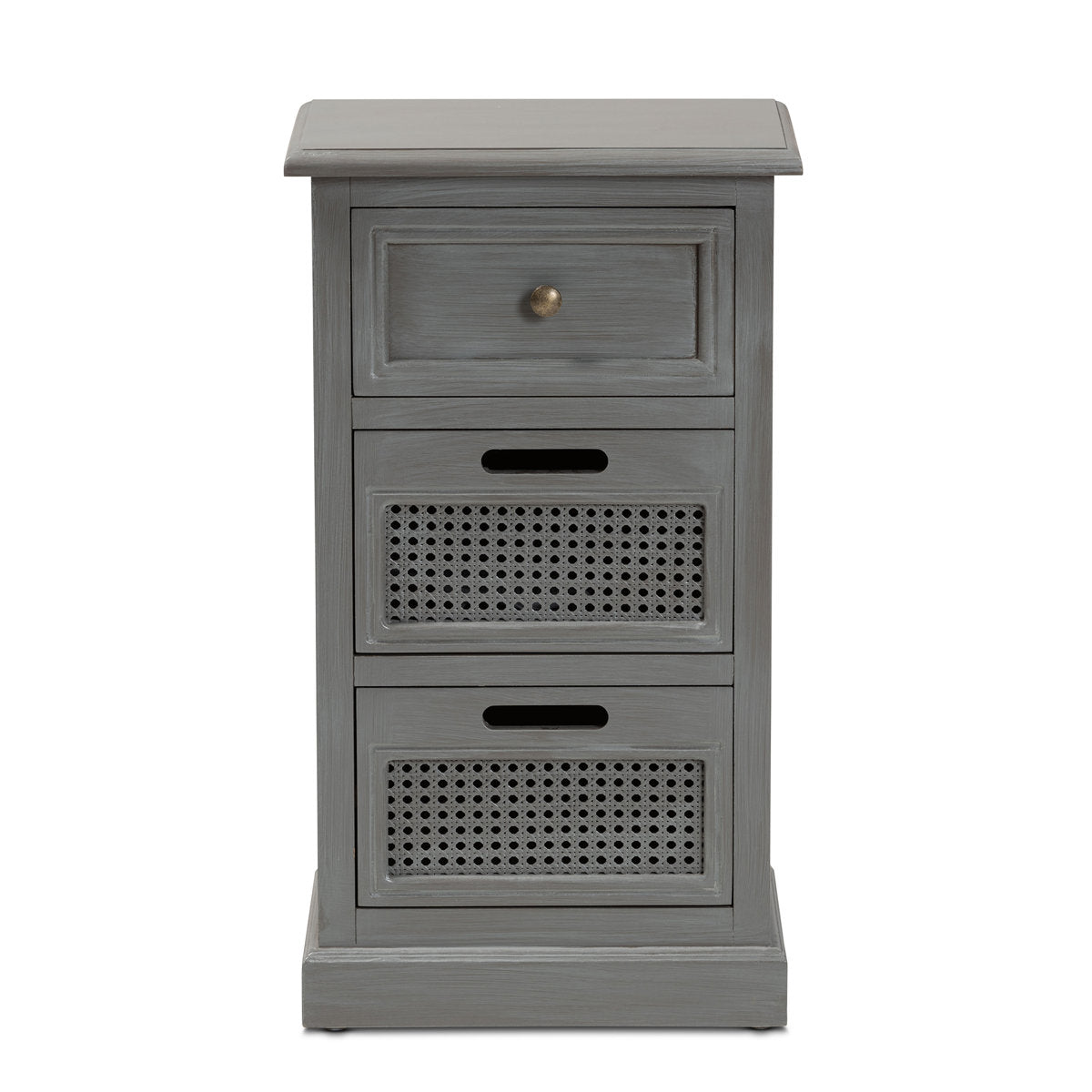 Nightstand, 3-Drawer Solid Wood, Gray Finish, Antique Brass Knob