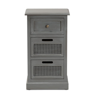 Nightstand, 3-Drawer Solid Wood, Gray Finish, Antique Brass Knob