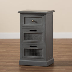 Nightstand, 3-Drawer Solid Wood, Gray Finish, Antique Brass Knob