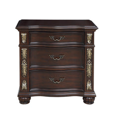 Nightstand, 3-Drawer Solid Wood, Madeira Finish, Bronze Handles