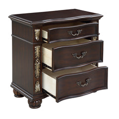 Nightstand, 3-Drawer Solid Wood, Madeira Finish, Bronze Handles