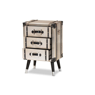 Nightstand, 3 Drawers, Metal, Antique Silver With Black Handles