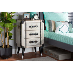 Nightstand, 3 Drawers, Metal, Antique Silver With Black Handles