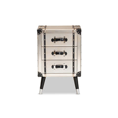 Nightstand, 3 Drawers, Metal, Antique Silver With Black Handles