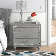 Nightstand, 3 Drawers, Mirrored MDF and Wood, Silver