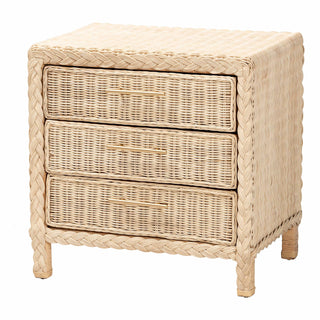 Nightstand, 3 Drawers, Rattan and Mahogany Wood, Brown