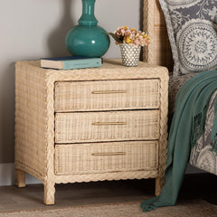 Nightstand, 3 Drawers, Rattan and Mahogany Wood, Brown