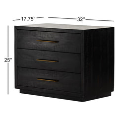 Nightstand, 3 Drawers, Solid Acacia Wood, Burnished Black, Brass Pulls