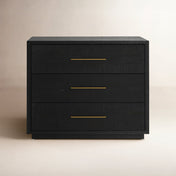 Nightstand, 3 Drawers, Solid Acacia Wood, Burnished Black, Brass Pulls